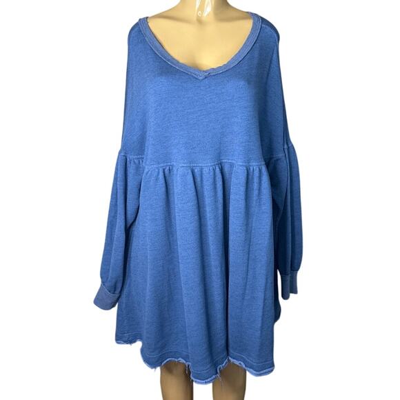 Free People Prudence Pullover Babydoll Sweatshirt Tunic Blue Size Large - Picture 1 of 11